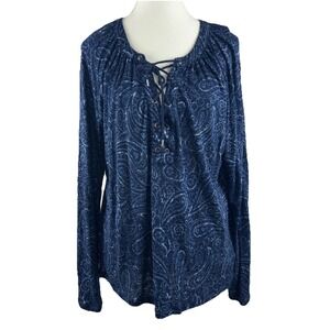 Chaps Women Blue Floral Lace-up Tie Neck 3/4 Elastic Sleeve Soft Drape Top Large